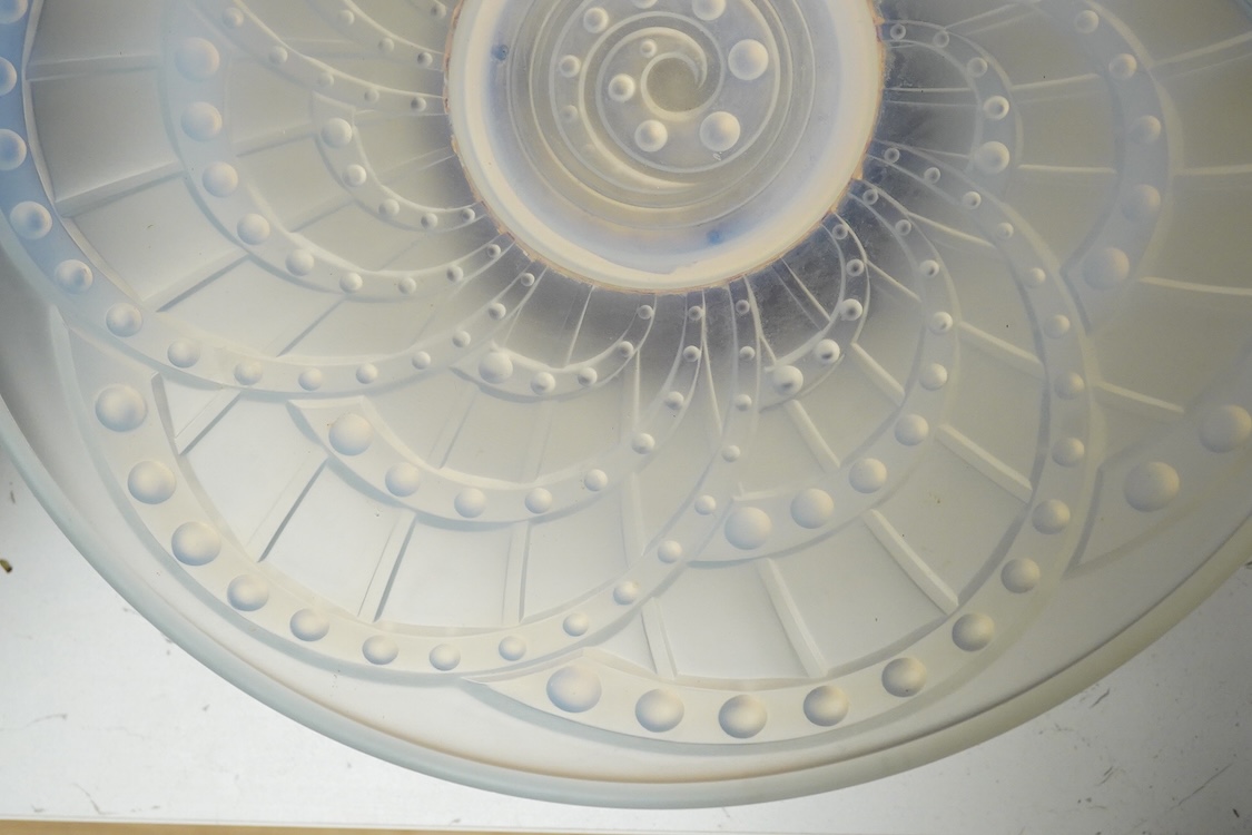 J Landier, a French Art Deco opalescent glass bowl on wooden pedestal base, 35cm in diameter